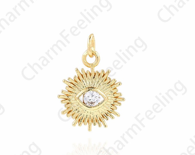Round Eye Pendant, Micropavé CZ Eye Necklace, Coin Pendant, 18K Gold Filled Eye Charm,DIY Jewelry Accessories, 12x16.5x2mm