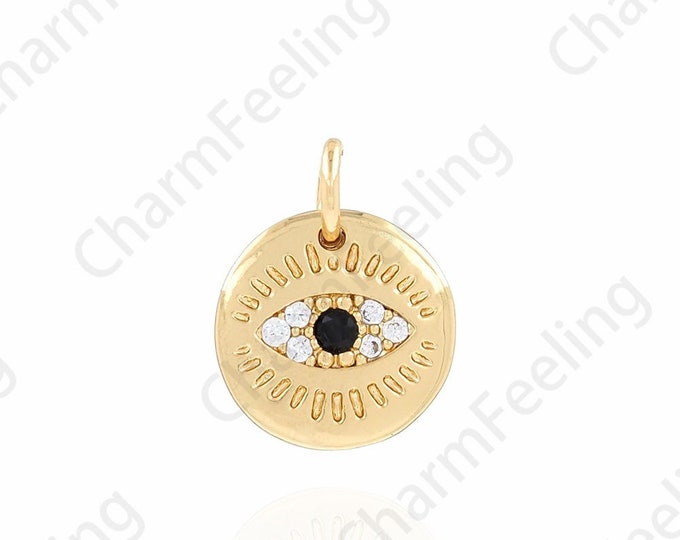 Eye Necklace, 18K Gold Filled Eye Charm,Round Eye Pendant, Micropavé CZ Coin Pendant, DIY Jewelry Accessories, 9x12x1.2mm