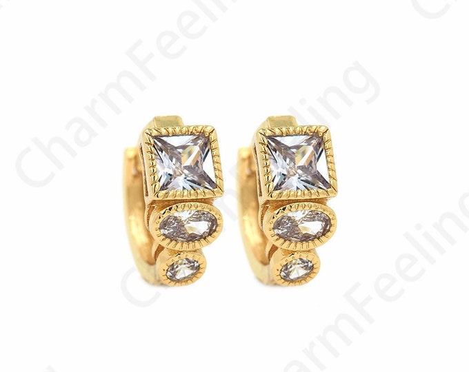 1 Pair,Crystal Earrings,18K Gold Filled Rectangular Rhinestone Earrings,Square Earrings,Micropavé CZ Exquisite Earrings,14.5x16x6mm