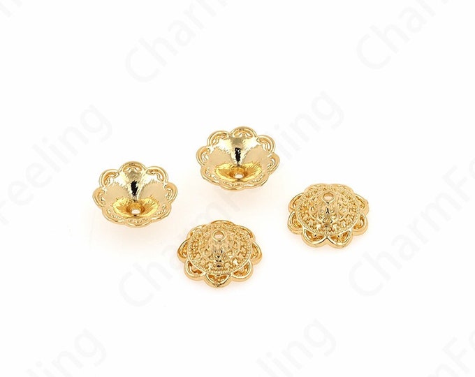 10 pcs Pearl Caps,Brass Caps, Spacer Jewelry,Alloy Bead Caps,Flower Caps,18K Gold Filled Flower Bead Caps,DIY Gold Jewelry Making,13.5x5.5mm