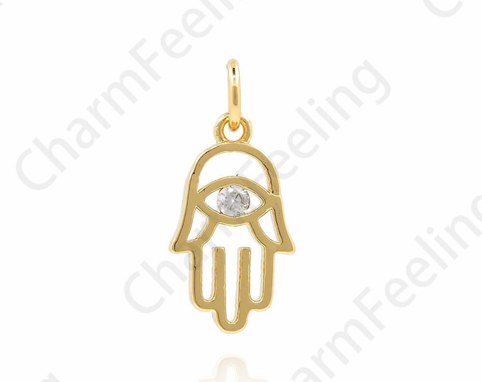 18K Gold Filled Hamsa Charm Necklace, MicroPave Enamel Hamsa Pendant, Eye Hamsa Necklace. DIY Jewelry Making,14.5x6.8x1.3mm