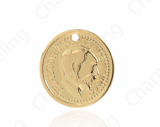 100pcs Portrait Coin Medallion Pendant, Gold Coin Charm, 18K Gold Filled Medallion Necklace, Gold-Plated Ornaments 12.5x0.3mm