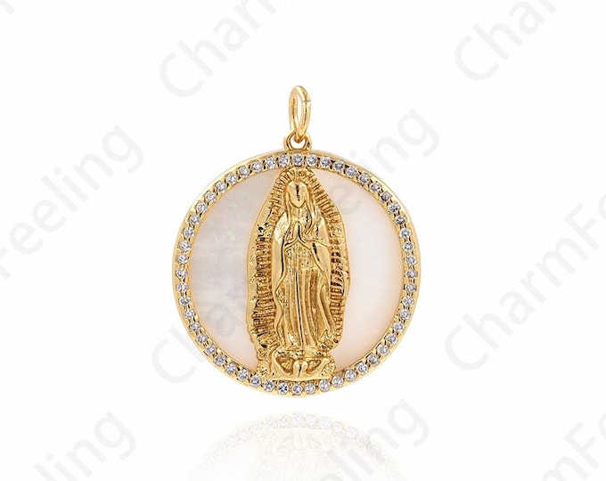 Round Pendant, Shell  Maria Pendant, Micropavé CZ Religious Necklace, 18K Gold Filled Catholic Charm, DIY Jewelry Supplies, 22X27X4mm