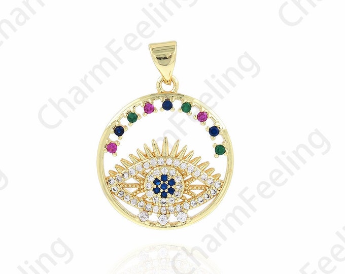Micropavé CZ Coin Pendant, Eye Necklace, 18K Gold Filled Eye Charm,Round Eye Pendant, DIY Jewelry Accessories, 19.5x27x3.5mm