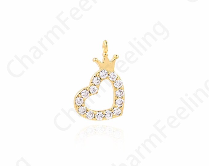 18K Gold Filled Love Charm, Micropavé CZ Heart Pendant, Crown Heart Charm, Crown Necklace, DIY Jewelry Supplies, 18x11.5x2.2mm