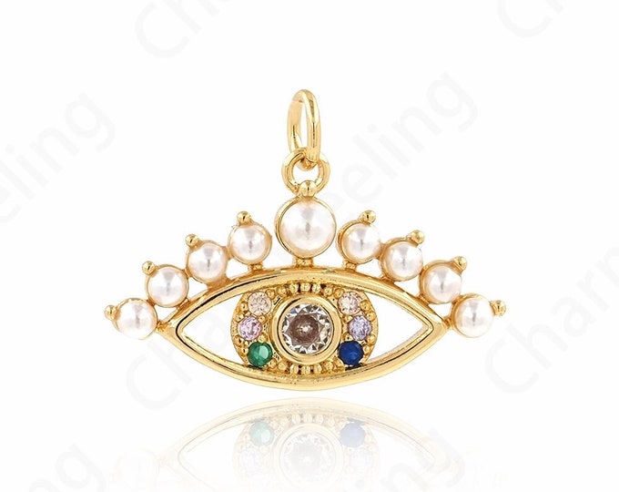 18K Gold Filled Eye Necklace, Micropavé CZ Devil's Eye Pendant,Pearl Charms,Lucky Eye Charm, DIY Jewelry Supplies, 17.8x25x4.5mm