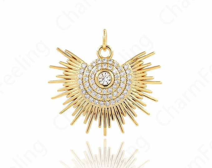 Micropavé CZ Sunshine Necklace, 18K Gold Filled Sun Pendant, Sun Burst Pendant, Sun Charm, DIY Jewelry Accessories, 22.8x25x4mm
