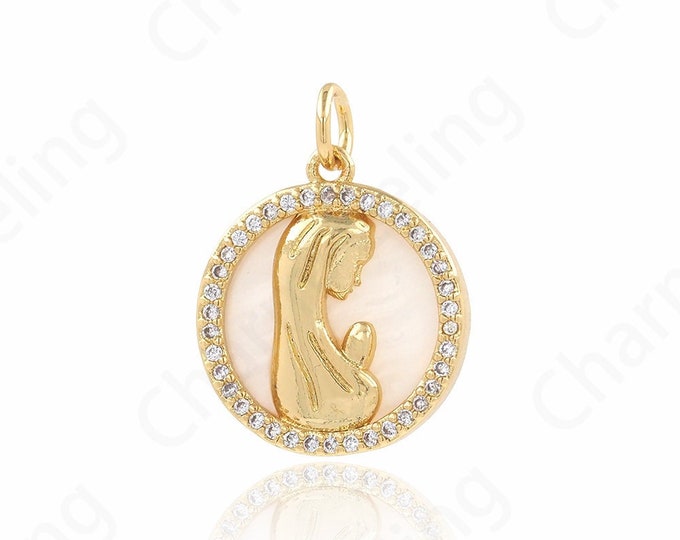Figure Pendant, Shell Necklace, 18K Gold Filled Mother Pendant, Micropavé CZ Mother Necklace, DIY Jewelry Supplies, 20.5x15.5x3.8mm