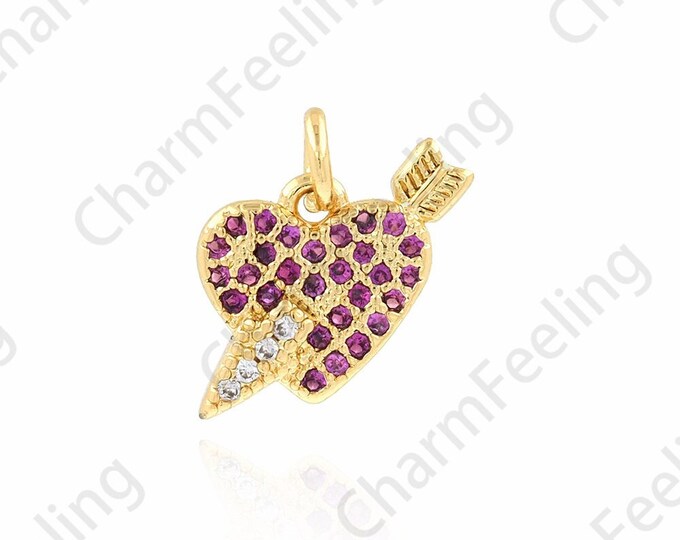 18K Gold Filled Sports Necklace,Arrow Charm,Heart Pendant,Arrow Necklace,Micropavé CZ Heart Pendant,DIY Jewelry Supplies,11.5x11x2mm