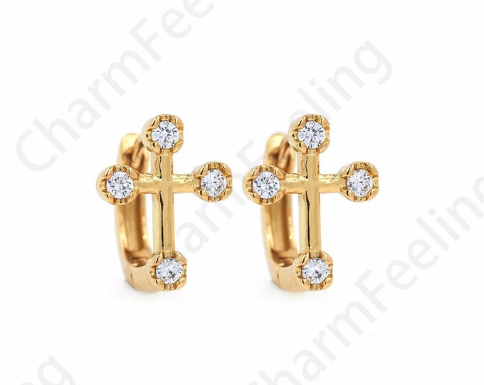 1 Pair,Cross Earrings,18K Gold Filled Cross Earrings,Brass Gold-Plated Earrings,Eeligious Earrings,Religious Charm, A Gift For Her 13x10mm