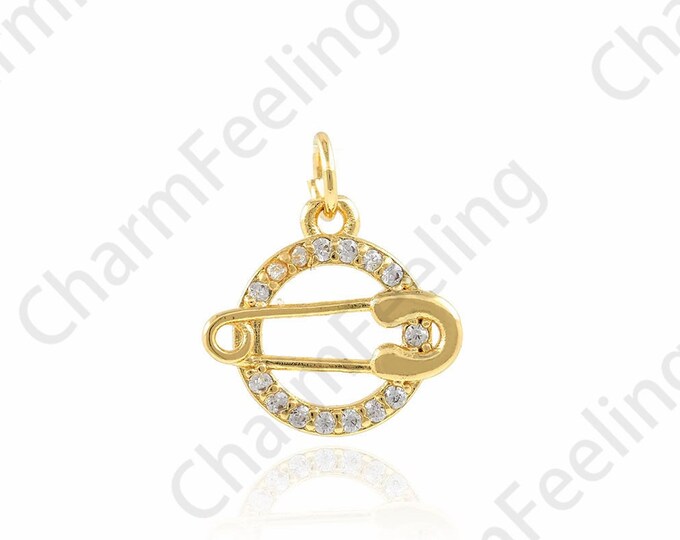 Round Pin Pendant, 18K Gold Filled Safety Pin Necklace, Micropavé CZ Pin charm, DIY Jewelry Accessories, 14.2x16.5x2.2mm