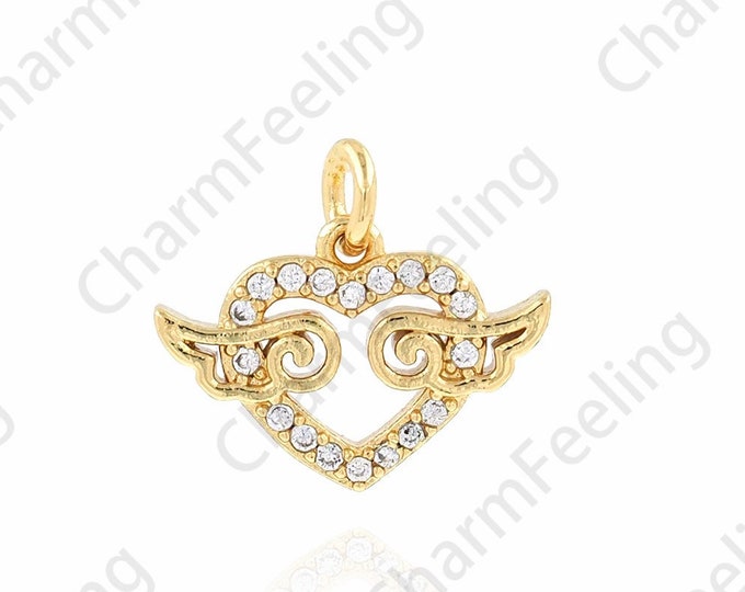 Angel Charm, Micropavé CZ Angel Heart Pendant, Heart Necklace, Heart Charm, Love Necklace, DIY Jewelry Making Accessories 14x12x1.5mm
