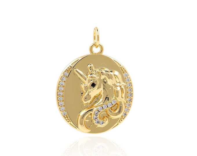 Horse Necklace, Round Animal Charm, Micropavé CZ Unicorn Pendant, 18K Gold Filled Unicorn Charm, DIY Jewelry Supplies, 26x19x3.5mm