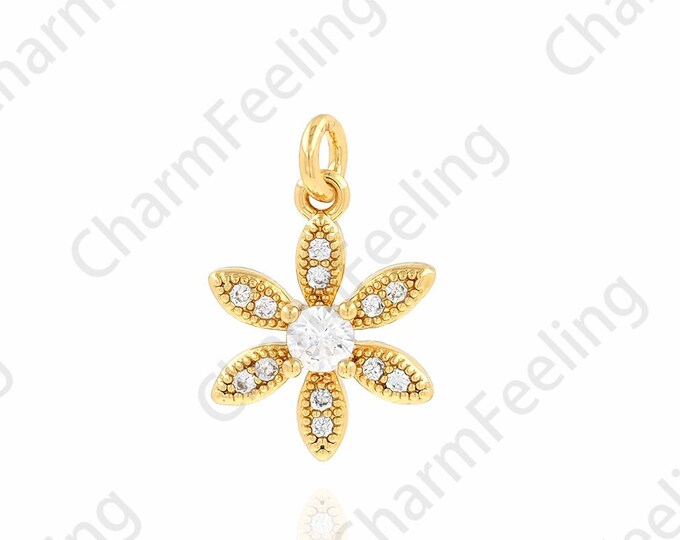 18K Gold Filled Flower Pendant,Micropavé CZ Plant Pendant,Flower Necklace,Plant Charm, DIY Jewelry Making Accessories,11x16.5x3.2mm