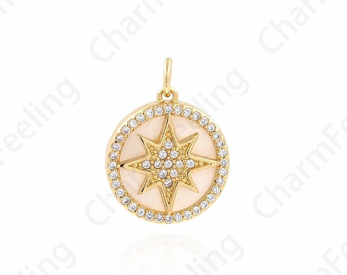 Shell Polaris Pendant, 18K Gold Filled Star Necklace, Micropavé CZ Star Charm, Round Charm, DIY Jewelry Supplies, 20.6X15.6X3.6mm