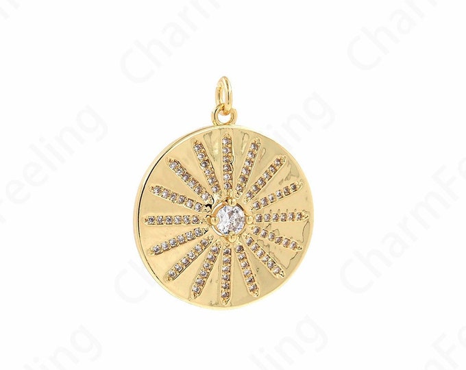 18K Gold Filled Sun Charm, Round Sun Necklace, Sun Pendant, Micropavé CZ Sun Charm, Round Charm, DIY Jewelry Supplies, 24.5x26.5x4.5mm