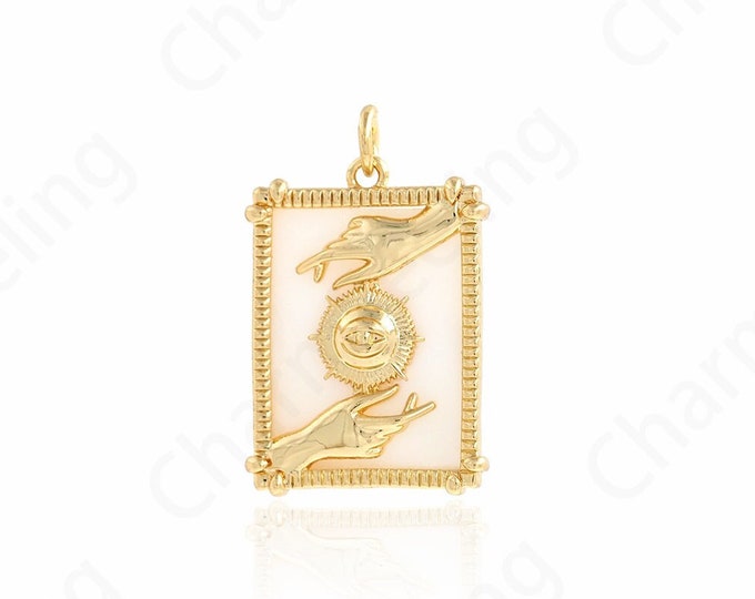 Micropavé CZ Square Hand-Eye Pendant, 18K Gold Filled Shell Eye Necklace,Lucky Eye Pendant,Rectangular Tarot Pendant 27x18x3.4mm