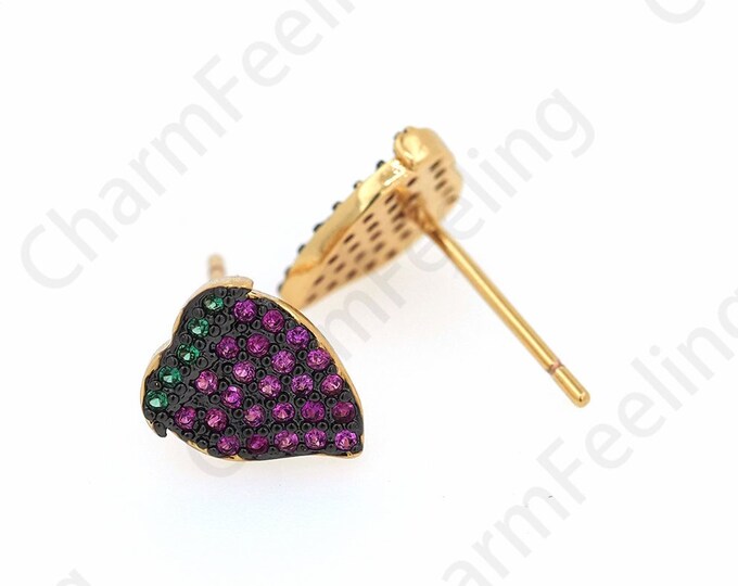 Fruit Earrings, Grape Stud Earrings, Micropavé CZ Grape Charm, 18K Gold Filled Fruit Charm, DIY Jewelry Supplies, 9.5x7.5mm