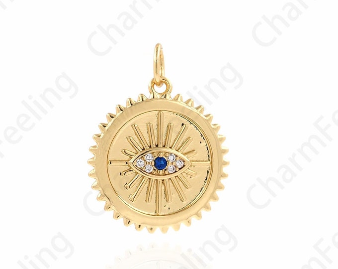Coin Pendant, Micropavé CZ Eye Necklace, Eye Charm, 18K Gold Filled Round Eye Pendant, DIY Jewelry Accessories,21.5x16.6x1.5mm