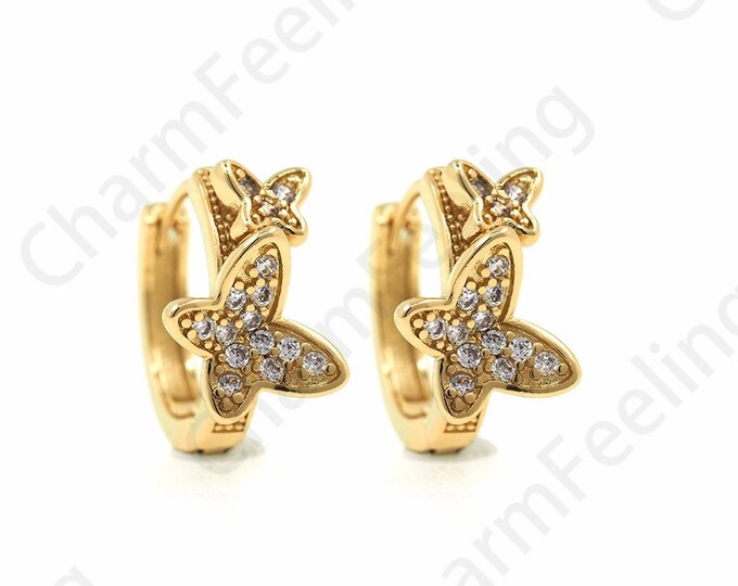 Flying Earrings, Micropavé CZ Butterfly Earrings, 18K Gold Filled With Butterfly Charm,Butterfly Pierced Earrings,A Gift For Her,13.5x16x9mm