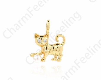 Micropavé CZ Cat Pendant, 18K Gold Filled Cat Necklace, Cat Pendant, Animal Charm, Cat Charm, DIY Jewelry Accessories 15x10x2.8mm