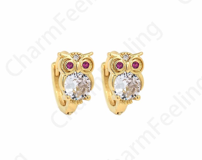 Pierced Earrings, Owl Earrings, Micropavé CZ Owl Charm, Bird Earrings, 18K Gold Filled Round Earrings, DIY Jewelry Supplies, 11x13x6mm