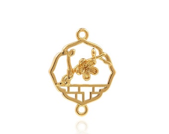 18K Gold Filled Flower Connector, Flower Charm, Plant Connector, Plum Flower Connector, Hand Link Head, DIY Necklace Accessories, 17x13x3mm