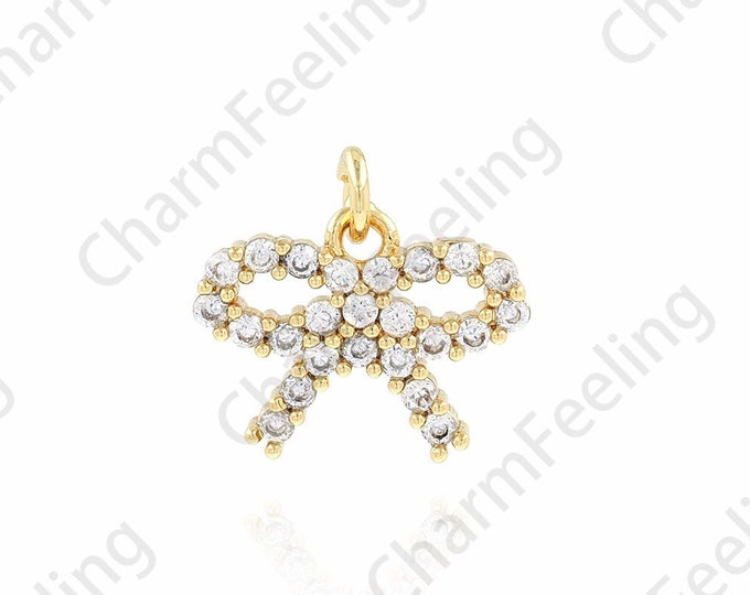 Bow Pendant, Micropavé CZ Knot Charm, 18K Gold Filled Bow Charm, Decorative Necklace, DIY Jewelry Supplies, 14x13x2mm