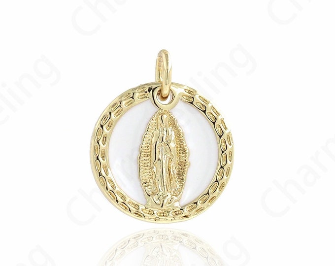 100pcs Virgin Necklace, 18K Gold Filled Religious Necklace, Enamel Charm, Madonna Pendant, Round Charm, DIY Jewelry Supplies, 16.7x14x2.2mm