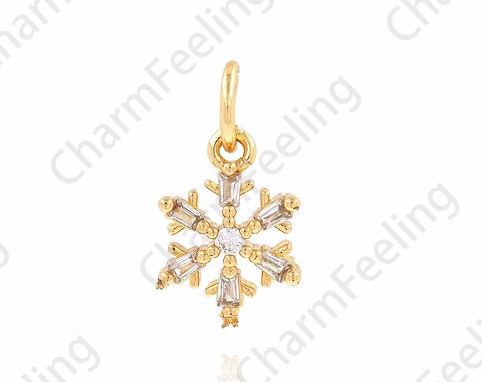 Snowflake Pendant, Ice Crystal Necklace, 18K Gold Filled Snowflake Charm, Micropavé CZ Snowflake Necklace, DIY Jewelry Supplies, 9.5x17x3mm