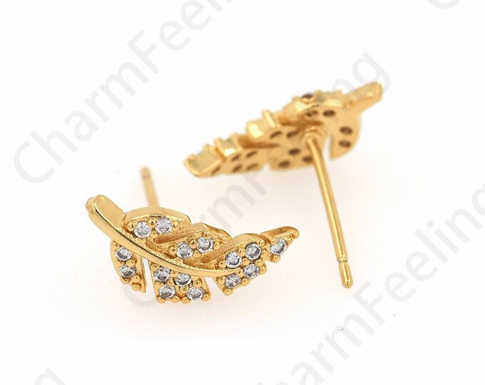 Leaf Stud Earrings, Leaf Earrings, Micropavé CZ Leaf Charm, Botanical Earrings, 18K Gold Filled Botanical Charm,DIY Jewelry Supplies, 6x13mm