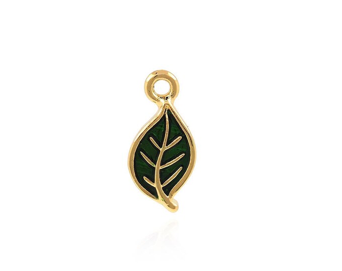 Leaf Pendant, Enamel Charm, 18K Gold Filled Leaf Charm, Plant Necklace, Plant Charm, DIY Jewelry Supplies, 10x4.5x1mm