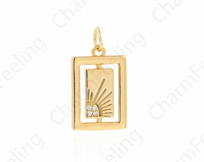 18K Gold Filled Sun Charm, Sun Pendant,Rectangular Pendant Micropavé CZ Square Necklace,DIY Jewelry Supplies,20.8x11.2x2mm