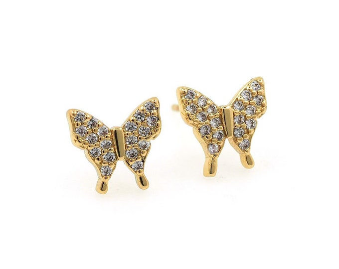Micropavé CZ Butterfly Earrings, 18K Gold Filled With Butterfly Charm, Flying Earrings, Butterfly Pierced Earrings, A Gift For Her, 9x8.5mm