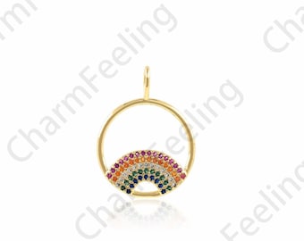 Rainbow Pendant,Round Rainbow Necklace,Micropavé CZ Colorful Charm,18K Gold Filled Round Hollow Charm,DIY Jewelry Accessories,18.3x24.5x2mm