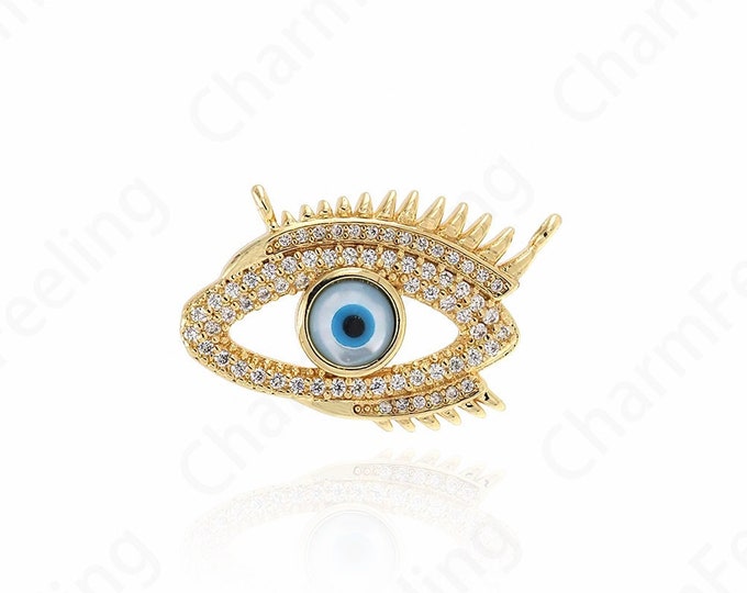 Eye Charm, Micropavé CZ Dainty Eye Necklace, 18K Gold Filled Lucky Eye Pendant, DIY Jewelry Accessories, 27x19x4mm