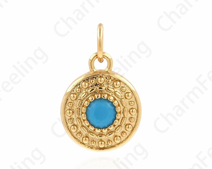 Micropavé CZ Eye Necklace,Turquoise Charm, 18K Gold Filled Round Eye Pendant, Coin Pendant, DIY Jewelry Accessories,15.5x10.2x2.7mm