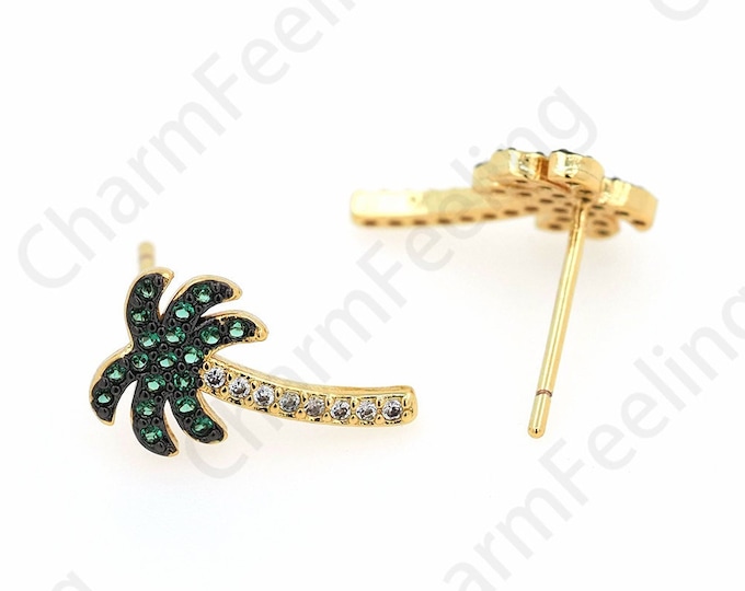 Palm Earrings, Plant Stud Earrings, Micropavé CZ Tree Earrings, 18K Gold Filled Palm Charm, Plant Earrings, DIY Jewelry Supplies, 14x8mm