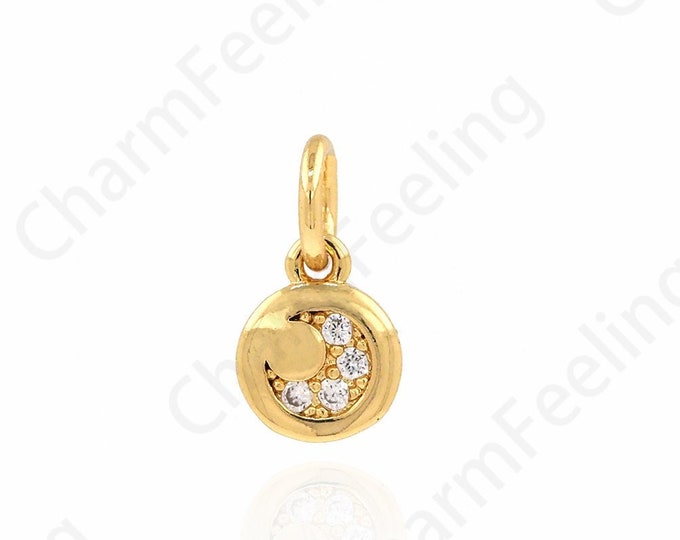 Round Moon Charm, Micro-Pave Dainty Moon Pendant,Disc Necklace, Moon Necklace,DIY Jewelry Making Accessories 10.7X6X1.6mm