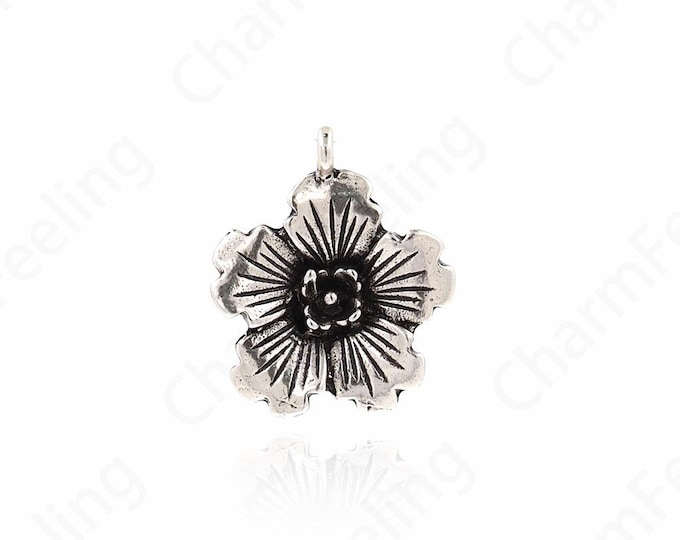 Vintage Silver Flower Pendant, Flower Charm, Silver Filled Plant Necklace, Plant Charm, DIY Jewelry Supplies, 21.5x18.5x4mm