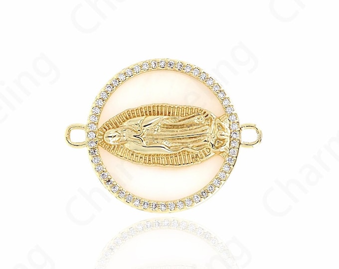 Religious Charm,Round Shell Connector,Micropavé CZ Religious Connector,18K Gold Filled Catholic Charm,DIY Jewelry Supplies,22.2x28.2x3.5mm