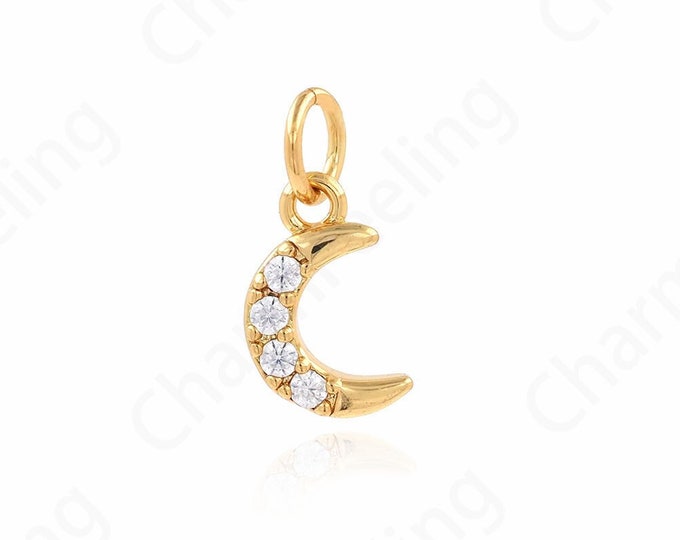 Moon Pendant, Micropavé CZ Crescent Charm, 18K Gold Filled Moon Necklace, Moon Charm, DIY Jewelry Supplies, 12x10x2mm