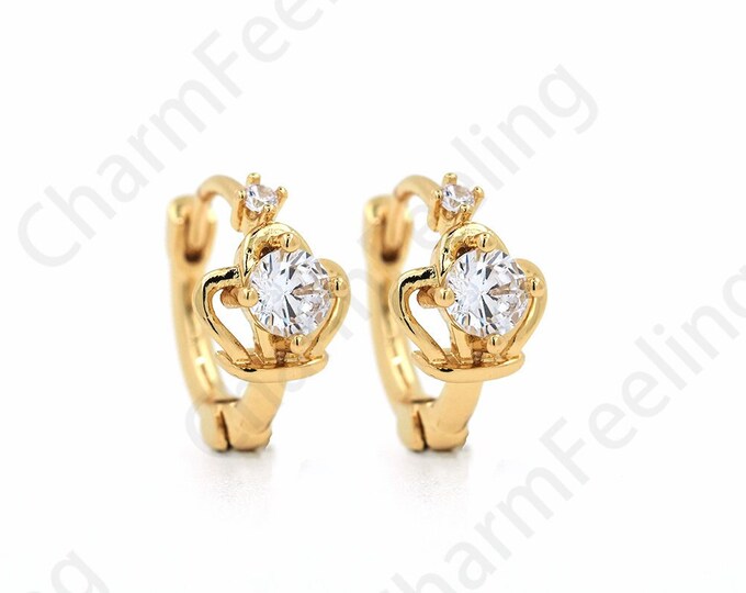 Micropavé CZ Crown Earrings, 18K Gold Filled Crown Charm, Queen Earrings, Round Earrings, Pierced Earrings, DIY Jewelry Supplies, 13x16x8mm