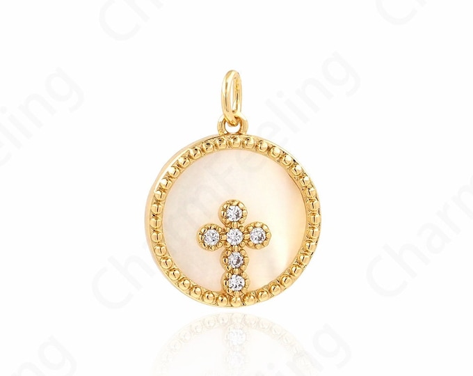 Shell Charm,Micropavé CZ Cross charm,Round Pendant,18K Gold Filled With Christian Charm,Cross Necklace,DIY Jewelry Accessories,20.7x15.8x3mm