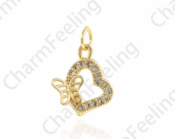 Heart-Shaped Butterfly Pendant, Micro-paved CZ Butterfly Necklace, 18K Gold Filled With Butterfly Charm, Heart-Shaped Charm, 11x16x2.5mm