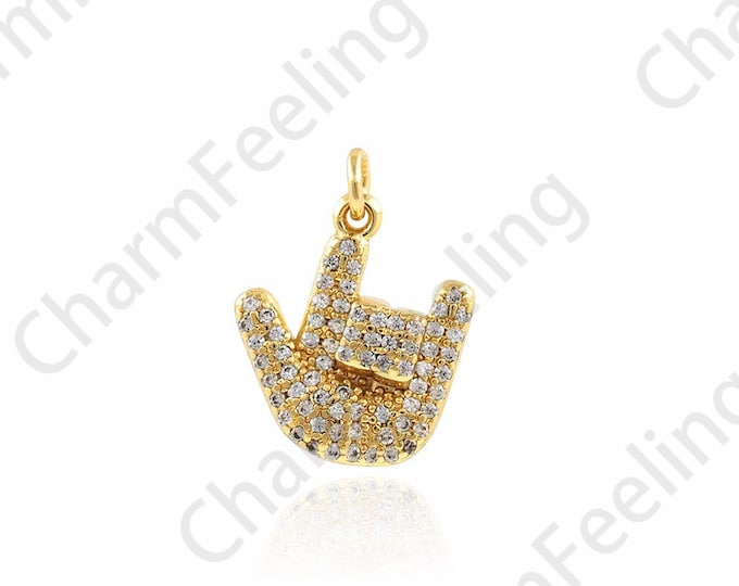 18K Gold Filled Rock and Roll Gesture Pendant, Micropavé CZ Love Gesture Pendant, Rock Pendant, Sign Language Pendant 12.5x17.5x4mm