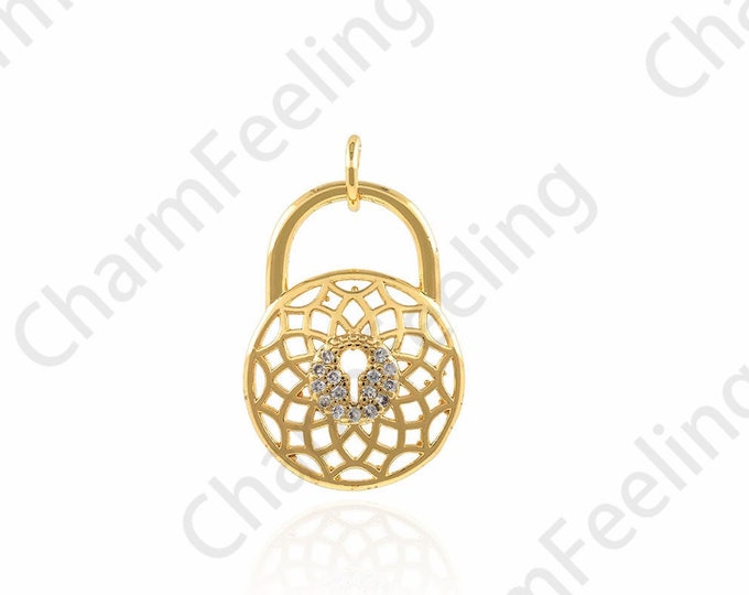 18K Gold Filled Round Lock Pendant,Micropavé CZ Round Charm,Lock Charm,Suitable For DIY Jewelry Making Accessories,15x24x2.5mm