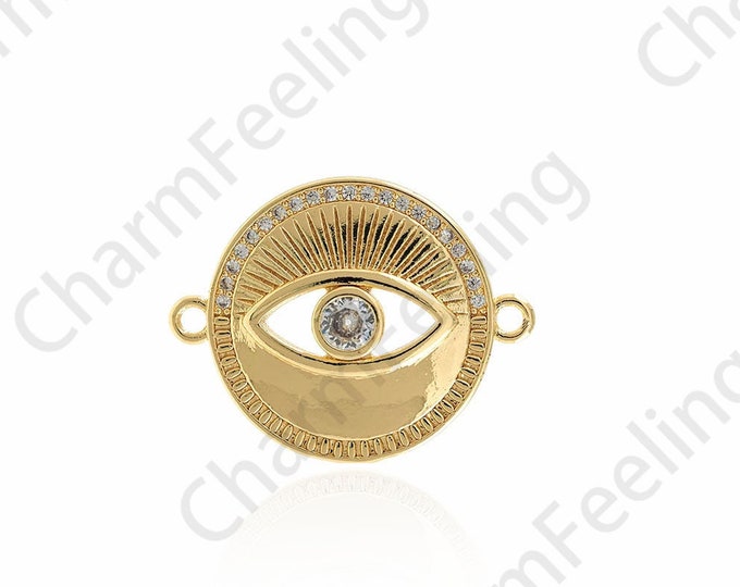 Eye Connector, Micropavé CZ Hand Link Head, 18K Gold Filled Lucky Eye Connector, Devil Eye Charm, DIY Jewelry Accessories, 23x18x3.5mm