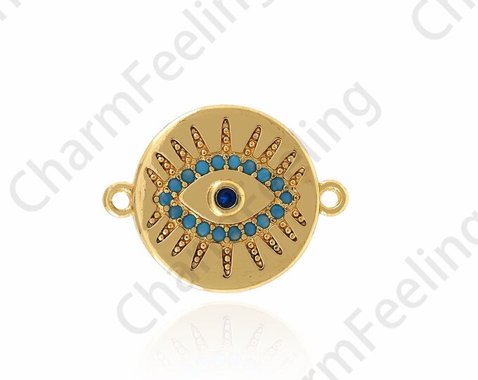 18K Gold Filled Lucky Eye Connector, Eye Connector, Micropavé CZ Hand Link Head, Devil Eye Charm, DIY Jewelry Accessories, 20.5x15.5x2.5mm