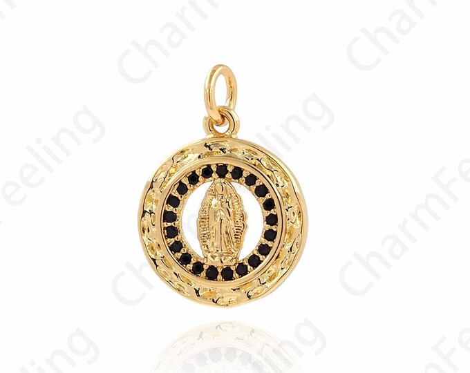 Our Lady Pendant,Catholic Charm,18K Gold Filled Our Lady Charm, Round Pendant,Micropavé CZ Catholic Jewelry,DIY Jewelry Supplies,19x14x2.3mm